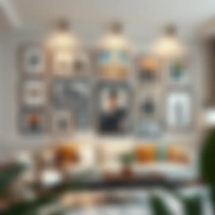 Gallery Wall with Diverse Artworks Elegant gallery wall displaying a series of 15 x 30 picture frames filled with various artworks