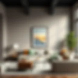 A modern living room featuring a 15 x 30 picture frame showcasing abstract art