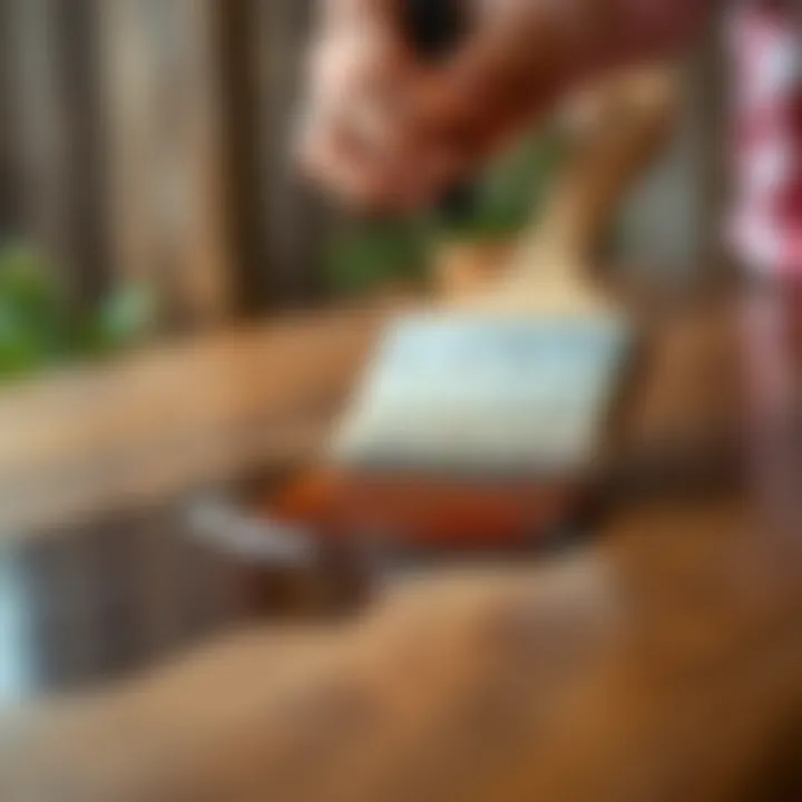 Application Technique for Staining A close-up view of a brush applying stain to a wooden table, demonstrating the application technique