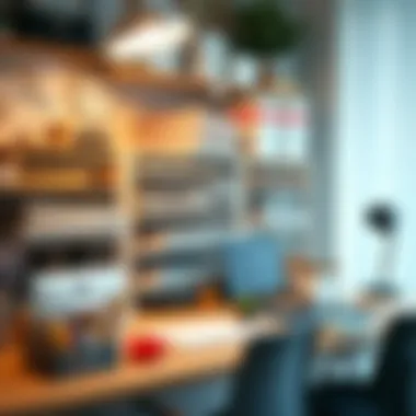 Efficiently Organized Creative Workspace A well-organized workspace with labeled art paper storage racks