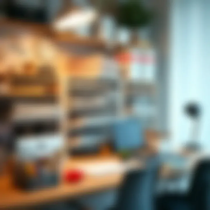 Efficiently Organized Creative Workspace A well-organized workspace with labeled art paper storage racks