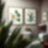Elegant wall art featuring botanical prints that enhance bathroom aesthetics.