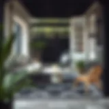 Stylish black and ivory rug enhancing an outdoor patio