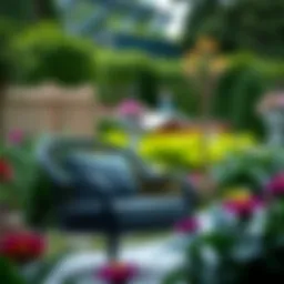 Elegant black patio chair with plush cushion in a serene garden setting