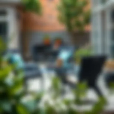 Chic Arrangement: Black Patio Chairs in Outdoor Space Stylishly arranged patio featuring multiple black chairs with cushions