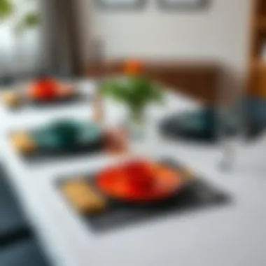 Creative Table Setting with Black Placemats Artful table arrangement showcasing black placemats with colorful dishware