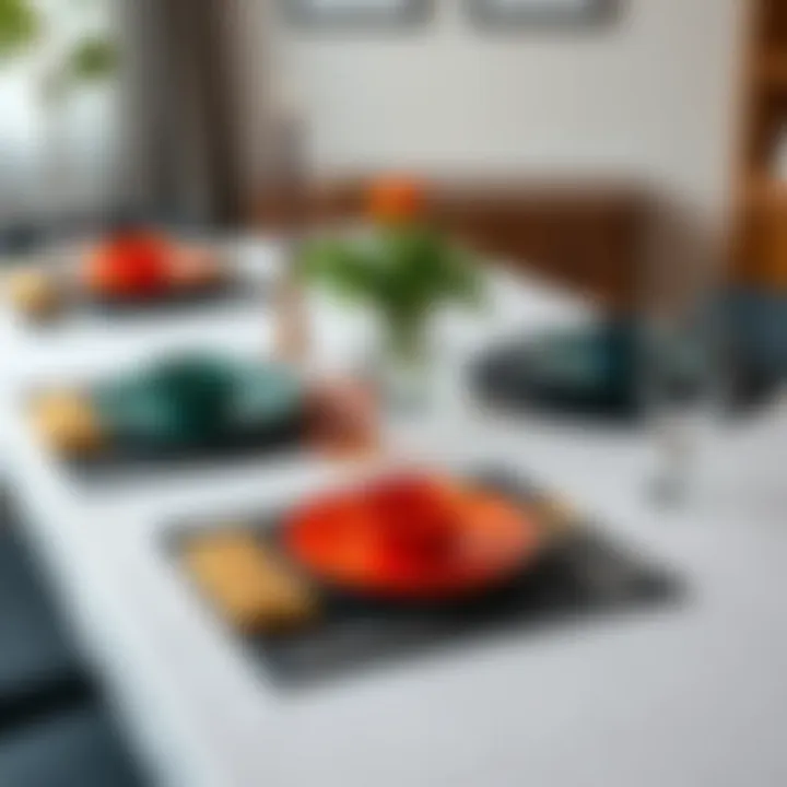 Creative Table Setting with Black Placemats Artful table arrangement showcasing black placemats with colorful dishware