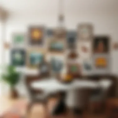 Eclectic gallery wall with various art pieces