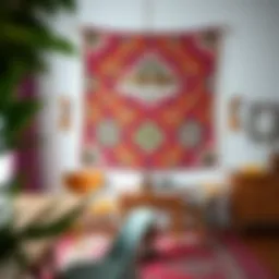 Colorful wall tapestry enhancing Boho dining room