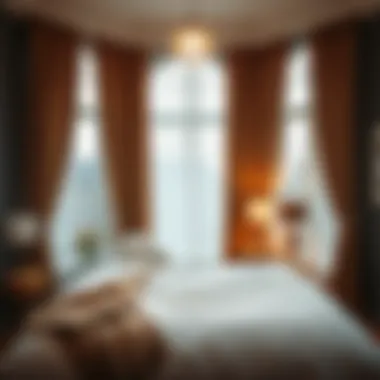 Cozy bedroom featuring brown and white curtains