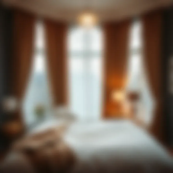 Cozy bedroom featuring brown and white curtains