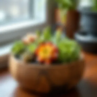 Stylish arrangement of succulents in a wooden pot