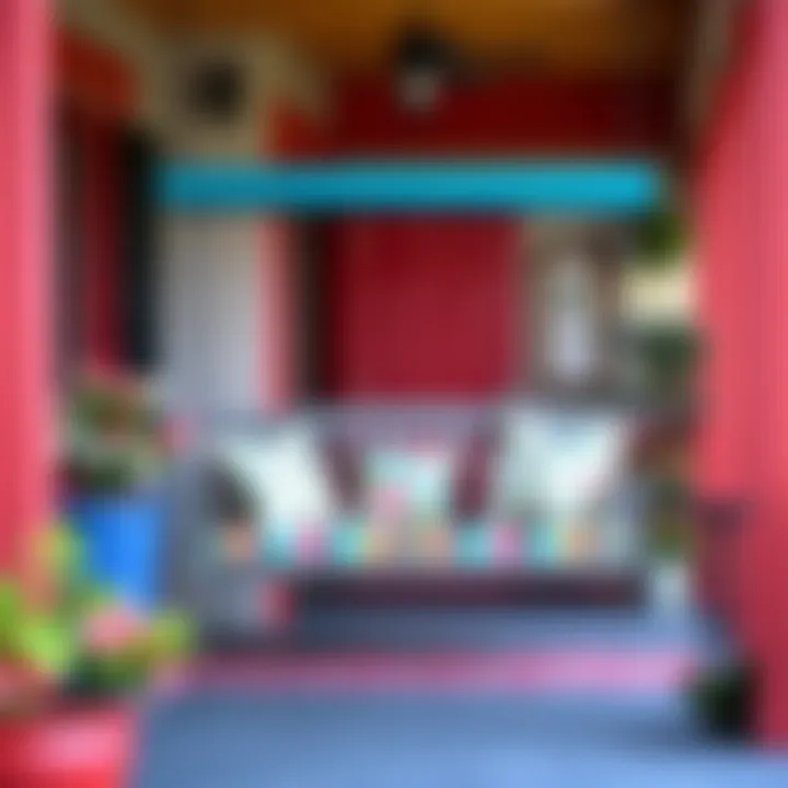 Colorful outdoor space featuring a 5-foot porch swing with decorative cushions