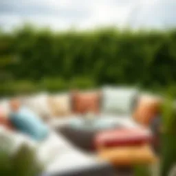 Variety of outdoor cushions arranged on a patio setting showcasing different materials and colors