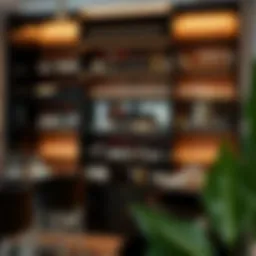 A beautifully designed wine wall showcasing various bottles and glasses