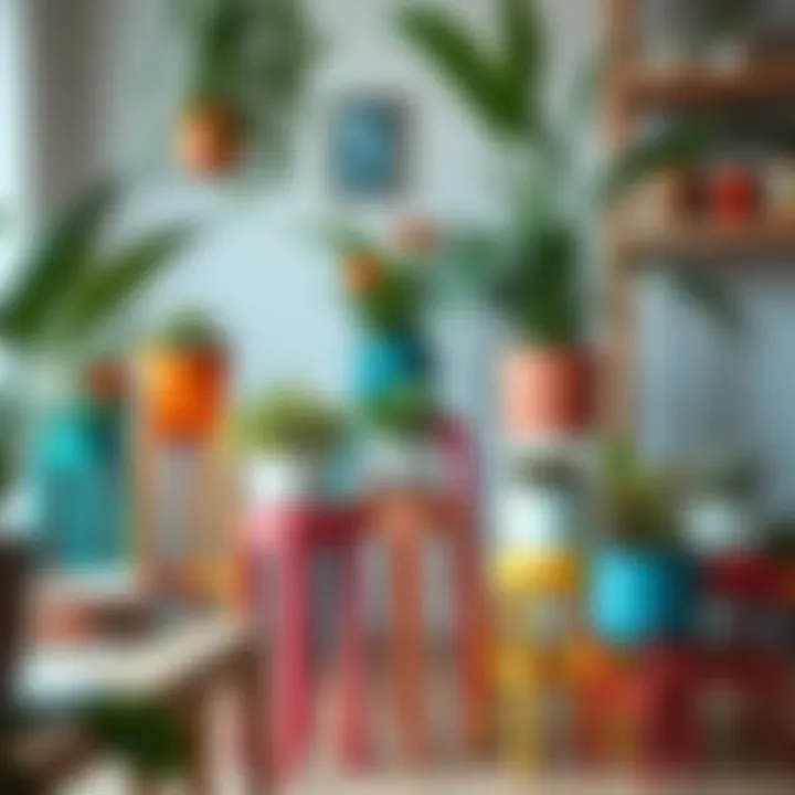 Creative Arrangements of Colorful Plant Stands Colorful plant stands arranged in a creative display