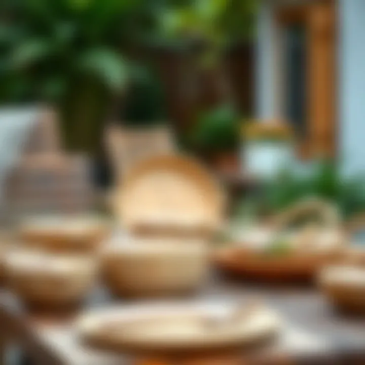Eco-friendly bamboo dinnerware set arranged outdoors