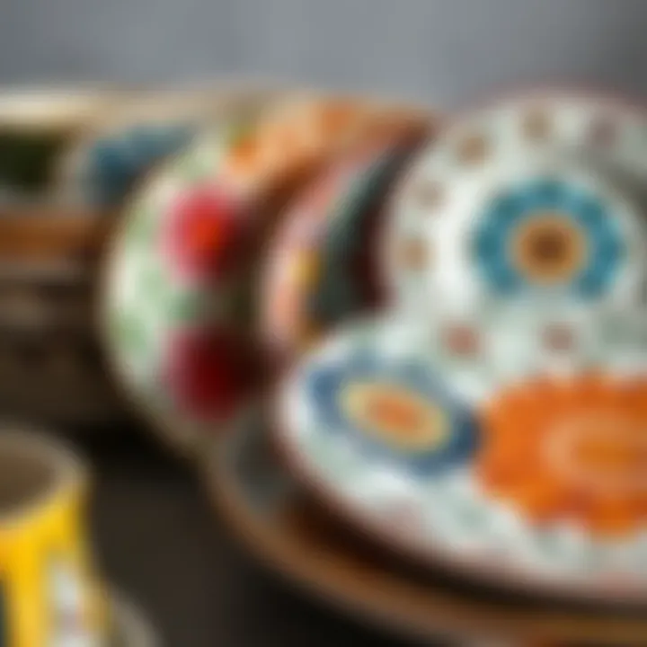 A close-up of vibrant ceramic dinner plates with unique patterns
