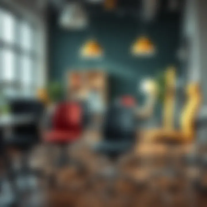 A vibrant office space showcasing a variety of desk chair styles