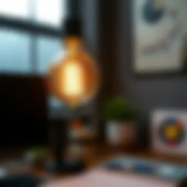 Close-up of a vintage-style Edison bulb illuminating a workspace