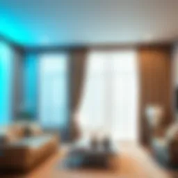 Elegant living room showcasing a 16 ft curtain rod with luxurious drapes