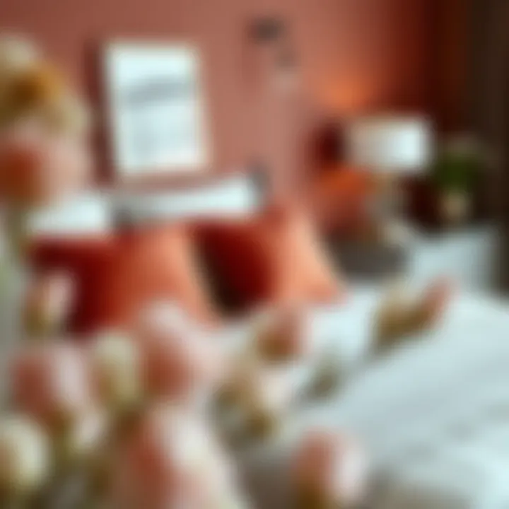 An elegant bedroom featuring red and grey throw pillows on the bed, enhancing the room's color scheme