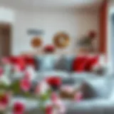 A modern living room featuring beautifully arranged red and grey throw pillows on a stylish sofa