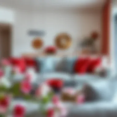 A modern living room featuring beautifully arranged red and grey throw pillows on a stylish sofa