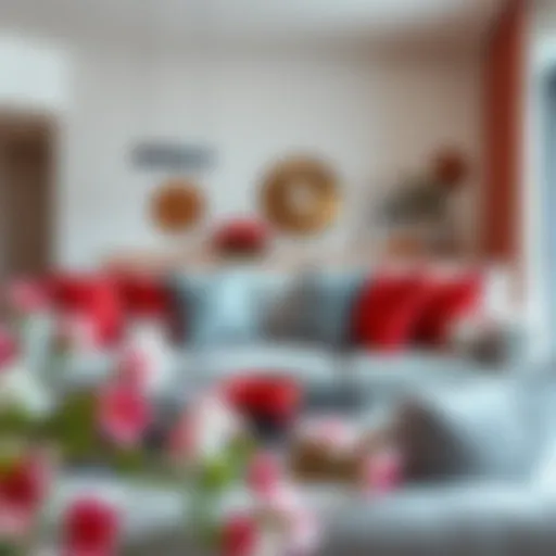 Modern Living Room with Red and Grey Pillows A modern living room featuring beautifully arranged red and grey throw pillows on a stylish sofa