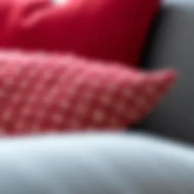 Close-up of a textured red throw pillow beside a grey one, highlighting their color contrast and design
