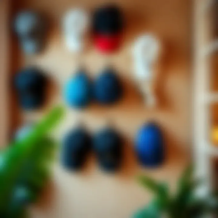 Creative display of baseball hats using hooks on a decorative wall