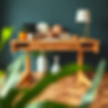 An elegant wooden desk adorned with creative decor elements Stylish wooden desk with creative decor