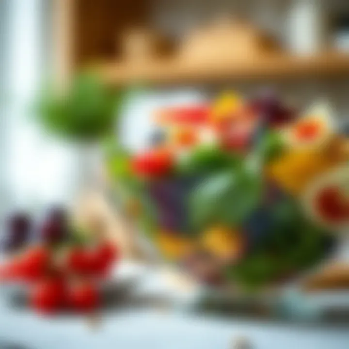 Close-up of a glass salad bowl filled with a fresh, colorful salad