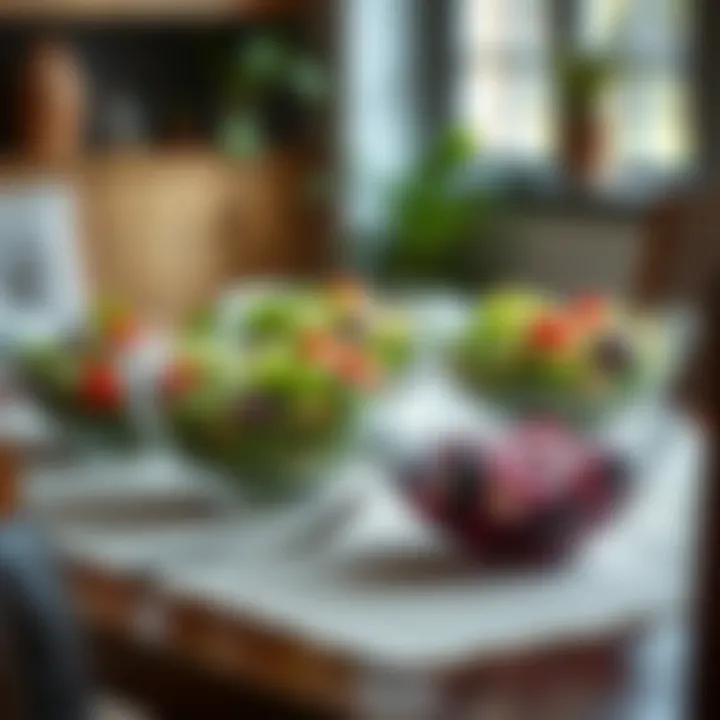 A variety of glass salad bowls with unique designs on a dining table