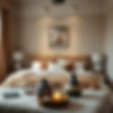 Decorative Accessories in a Cozy Bedroom An intimate bedroom scene featuring decorative accessories around a king size bed