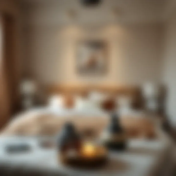 Decorative Accessories in a Cozy Bedroom An intimate bedroom scene featuring decorative accessories around a king size bed