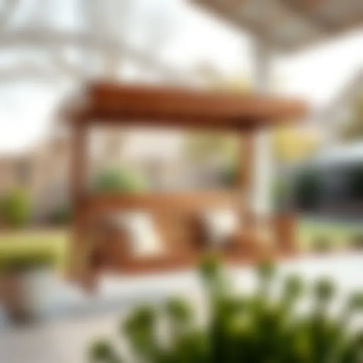Sophisticated Design: Wood Porch Swing in a Serene Outdoor Space Elegant wood porch swing showcased in a backyard setting