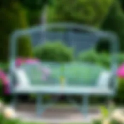 Elegant metal glider patio furniture set in a lush garden