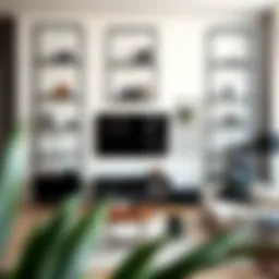 Elegant metal wire shelving in a modern living room setting