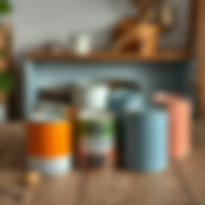 An assortment of eco-friendly paint cans arranged on a wooden surface.
