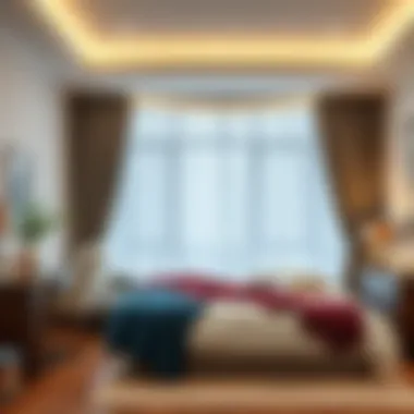 Stylish bedroom featuring tension rod curtains