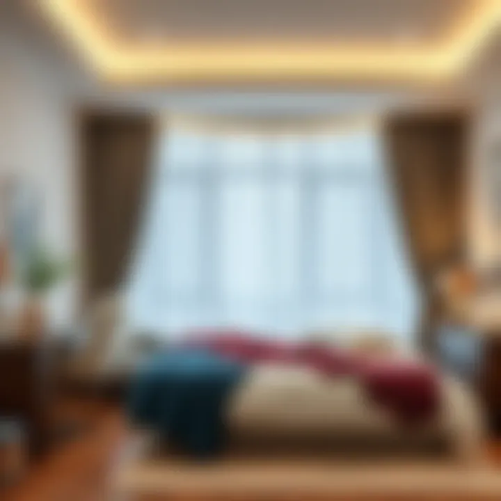 Stylish bedroom featuring tension rod curtains