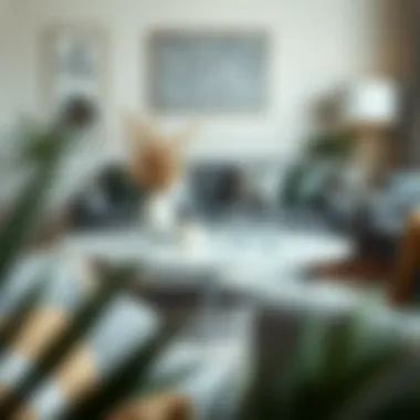 Stylish decor elements surrounding a marble coffee table with silver legs