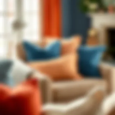 Artistic Display on Modern Armchair Artistic display of peach and blue throw pillows on a modern armchair