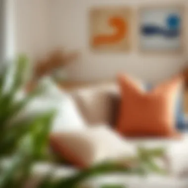 Cozy Living Space with Stylish Pillows A cozy living space featuring peach and blue throw pillows against neutral tones