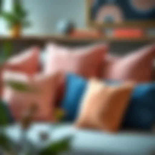 Elegant Arrangement of Peach and Blue Pillows Elegant arrangement of peach and blue throw pillows on a stylish sofa