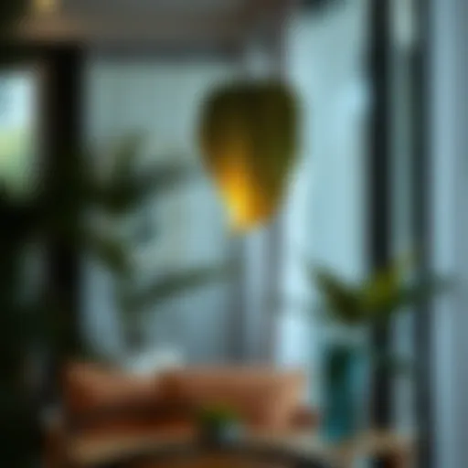 Serene Indoor Illumination Elegant hanging leaf light illuminating a serene indoor space