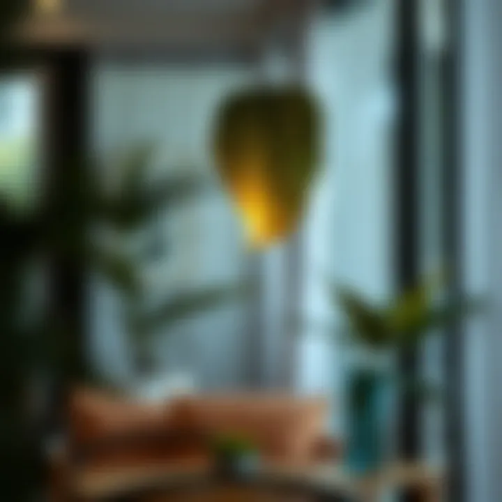 Serene Indoor Illumination Elegant hanging leaf light illuminating a serene indoor space