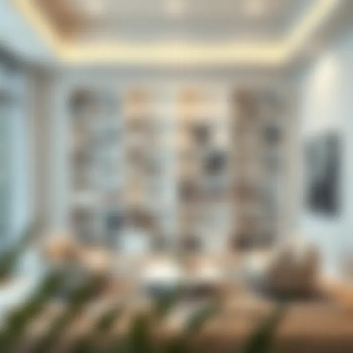 A Modern Focal Point Modern living room featuring a white bookshelf as a focal point