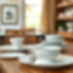 Elegant ceramic plate set displayed on a wooden dining table